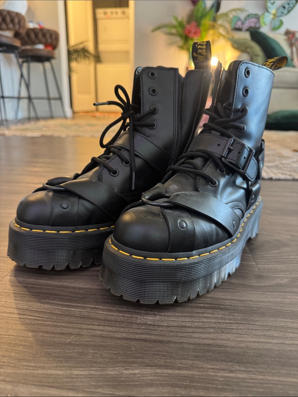 Dr. Martens Black Leather Platform Combat Boots with Yellow Stitching
